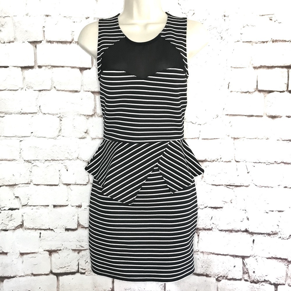 MATERIAL GIRL S Peplum Mesh Back Sleeveless Black & White Stripe Dress Small NWT - Picture 5 of 16